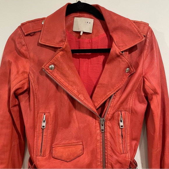 IRO Paris 100% leather Ashville long sleeve biker jacket size 1 red coral orange - Picture 3 of 4
